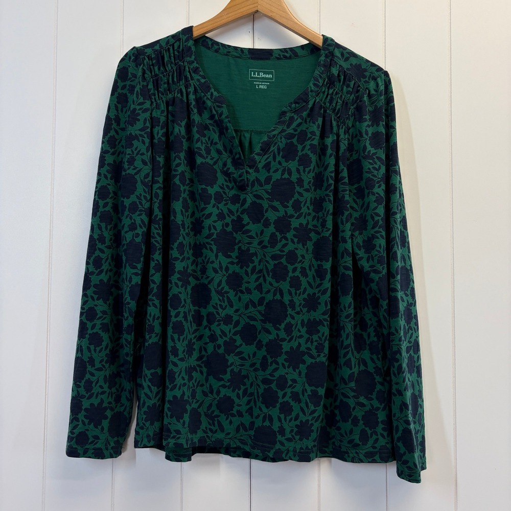 LL Bean Boho Floral Henley Top Women Size L Lightweight Cottage Peasant Comfy